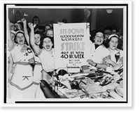 Female employees of Woolworth's holding sign indicating they are striking for a 40 hour work week, Historic Reproduction