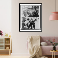 Composite photograph showing scenes of election day in Mexico City: (top) followers of candidate Almazan carrying banner in street and (botom) two men fighting in street, Antique Poster