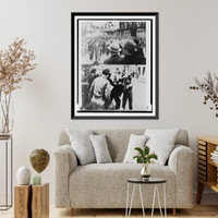 Composite photograph showing scenes of election day in Mexico City: (top) followers of candidate Almazan carrying banner in street and (botom) two men fighting in street, Antique Poster