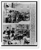 Composite photograph: (left) white students boarding school buses for private school, (right) African American children seated in one-room school with teacher, Historic Reproduction