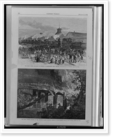 The great strike. Blockade of engines at Martinsburg, West Virginia.from photograph by D. Bendann. The great strike. Burning of the Lebanon Valley Railroad bridge by the rioters.drawn by Fred. B. S