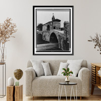 Historic Framed Print, Rhode Island, Newport. A.C. James home, Suprise Valley",  detail of archway with turret and weathervane in background",  17-7/8" x 21-7/8"