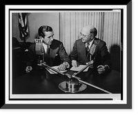 Historic Framed Print, [Edward R. Murrow (left) and William L. Shirer, half-length portrait, seated behind CBS microphones, turned toward each other],  17-7/8" x 21-7/8"