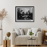 Historic Framed Print, [Edward R. Murrow (left) and William L. Shirer, half-length portrait, seated behind CBS microphones, turned toward each other],  17-7/8" x 21-7/8"