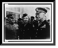 Kathryn Cravens, flanked by General Eisenhower (r) and Marshal Zhukov, all in military uniform, half-length portrait, facing front, Antique Print