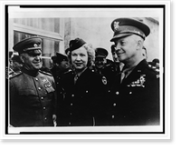 Kathryn Cravens, flanked by General Eisenhower (r) and Marshal Zhukov, all in military uniform, half-length portrait, facing front, Antique Print