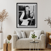Historic Framed Print, [Frazier Hunt, head-and-shoulders portrait, seated at desk behind CBS microphone],  17-7/8" x 21-7/8"