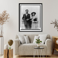 Historic Framed Print, Oscar Hammerstein, 2nd, New York theatrical producer, shown with Mrs. Hammerstein as they arrived in New York City from Europe on the S.S. Majestic,  17-7/8" x 21-7/8"