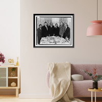 Civil rights leaders (left to right), John Lewis, Whitney Young, Jr., Dr. Martin Luther King, Jr., James Farmer, and Roy Wilkins stand behind table at meeting at Hotel Commodore, New York City Vi