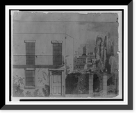 Historic Framed Print, [View of an American city, perhaps not Charleston, South Carolina, showing a home with wrought iron fence, stone gate, and weeping willow in the foreground, looking toward roofs and steeple in the city],  17-7/8" x 21-7/8"