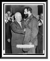Fidel Castro (r) and Nikita Khrushchev (l), standing, facing each other; Krushchev's arm is in Castro's jacket, Vintage Poster