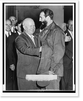 Fidel Castro (r) and Nikita Khrushchev (l), standing, facing each other; Krushchev's arm is in Castro's jacket, Vintage Poster