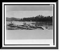 Historic Framed Print, [Piers, boats, and people in foreground, with Fort William Henry Hotel in background, Lake George, New York],  17-7/8" x 21-7/8"