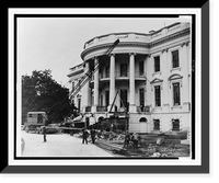 Workmen using a crane and an air compressor to make repairs to steps of the White House South Portico, Antique Print