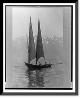 Sailboat on quiet waters of Lake Geneva, Switzerland, with background of snowcapped mountain peaks, Historic Print
