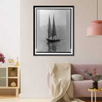 Sailboat on quiet waters of Lake Geneva, Switzerland, with background of snowcapped mountain peaks, Historic Print