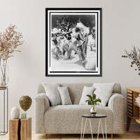 Dancer Butera, in traditional dress, and others, dance before gathering in background, possibly in Belgian Congo, Antique Poster