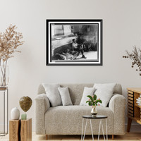 Faro Caudill and his daughter in their dugout home. There hasn't been any cash to buy furniture. Farm expenditures take all extra cash. Pie Town, New Mexico Classic, Antique Wall Art