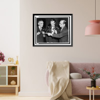 (l to r) Sen. Joseph O'Mahoney, Dr. Floyd S. Daft, and Dr. Joseph J. Bunim, half-length portrait, holding a wooden model of the molecular structure of cortisone Classic, Vintage Print