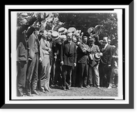 Newspapermen cheering President Coolidge after their first conference with him at the White House Classic, Antique Print