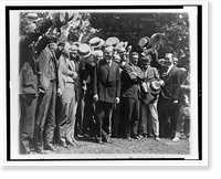 Newspapermen cheering President Coolidge after their first conference with him at the White House Classic, Antique Print