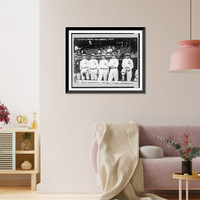 Historic Framed Print, [Players for the Philadelphia Athletics from left to right: Billy Orr, Herb Pennock, Weldon Wyckoff, Joe Bush, Bob Shawkey, Amos Strunk, standing in front of a dugout],  17-7/8" x 21-7/8"