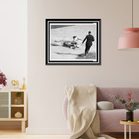 Historic Framed Print, [Umpire runs toward base to make the call on ball player sliding into second base during baseball game],  17-7/8" x 21-7/8"