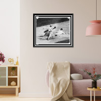 Historic Framed Print, [Ball player sliding into base as fielder reaches to apply tag during baseball game],  17-7/8" x 21-7/8"