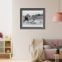 Historic Framed Print, [Umpire ready to make the call as Washington ball player applies tag to base runner sliding into base during baseball game],  17-7/8" x 21-7/8"