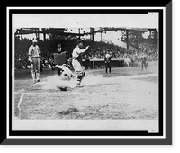 Historic Framed Print, [Umpire watches as base runner slides into home plate ahead of the tag during baseball game],  17-7/8" x 21-7/8"
