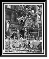 Historic Framed Print, Residents of New York's Little Italy" in front of 76 Mulberry St.,  greet the news of the Jap[anese] acceptance of Allied surrender terms with waving flags and a rain of paper",  17-7/8" x 21-7/8"