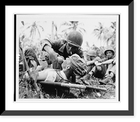 Historic Framed Print, Navy corpsman gives drink to wounded marine on Guam.official U.S. Navy photo.,  17-7/8" x 21-7/8"