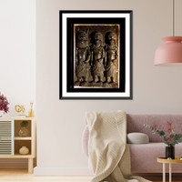 Historic Framed Print, [Bronze relief plaque dating from the 16th century A.D., depicting a nobleman with his high choker" of coral beads and two attendants,  from the Kingdom of Benin,  S. Nigeria]",  17-7/8" x 21-7/8"