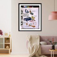 Historic Framed Print, [Page of advertisement for Ford automobiles, showing a 1947 Ford, two engines, etc.],  17-7/8" x 21-7/8"