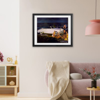 Historic Framed Print, [Page of advertisement for Studebaker automobiles, showing a 1948 Studebaker convertible and people around campfire on beach],  17-7/8" x 21-7/8"