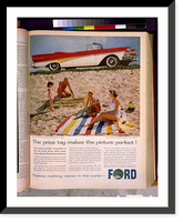 Historic Framed Print, [Page of advertisement for Ford automobiles, showing a 1958 Ford Fairlane 500 convertible and man, woman, and two children on beach],  17-7/8" x 21-7/8"