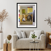 Historic Framed Print, [Girl holding doll and boy with dog in waiting room at railroad station].The Strobridge Litho Co., Cincinnati, O. U.S.A. - 2,  17-7/8" x 21-7/8"