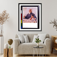 Historic Framed Print, [Elderly Chinese man with girl reading newspaper],  17-7/8" x 21-7/8"