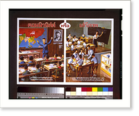 Propaganda flier depicting two images of education in Thailand; one of a teacher lecturing students under Communism, and the other of students doing scientific experiments and math under freedom