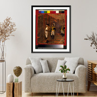 Napoleon I and officers standing in burning courtyard, Vintage Poster