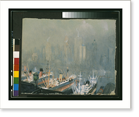 Historic Framed Print, [New York City skyline from Brooklyn Harbor, ships docked in foreground],  17-7/8" x 21-7/8"