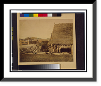 Four Ainu men with two boats, by thatched roof building, on the island of Hokkiado, Japan, Antique Print