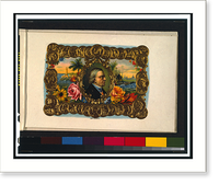 Cigar box label, printed by a German firm, showing head-shoulders portrait of a man, facing right, superimposed over waterfront scene, with border of gold coins Classic, Antique Poster