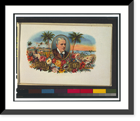 Cigar box label, printed by a German firm, showing head-shoulders portrait of a man, facing right, superimposed over tropical waterfront scene, with six gold coins at bottom Vintage Wall Art Prin