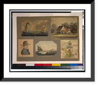 Five sketches: one portrait, two marine views, exterior of a house, and one landscape showing trees, Historic Print