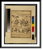 Scenes related to the Soga family - three warriors, one with two swords and two with bow and arrows; retainers holding the reins of horses in the foreground, Vintage Print