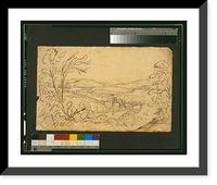 Hilly landscape with castle, loch, and man playing flute in right foreground Classic, Antique Print