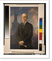 Historic Framed Print, [Woodrow Wilson, half-length portrait, standing, facing left, Statue of Liberty in background],  17-7/8" x 21-7/8"