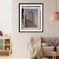 Church with clock and bell tower, probably in England, Antique Poster