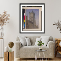 Church with clock and bell tower, probably in England, Antique Poster